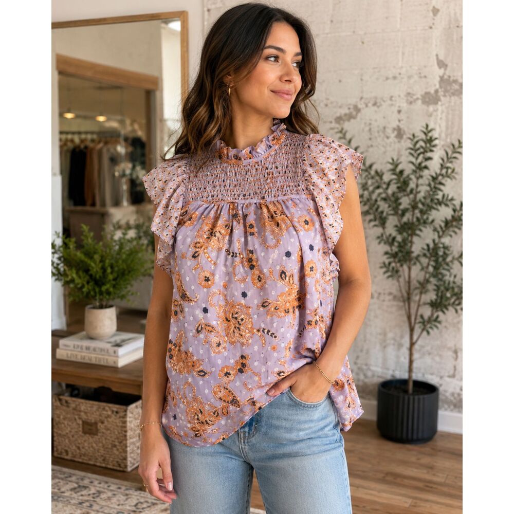 Maison d' Amelie Anthropologie Smocked Flutter Sleeve Paisley Blouse Women's XS